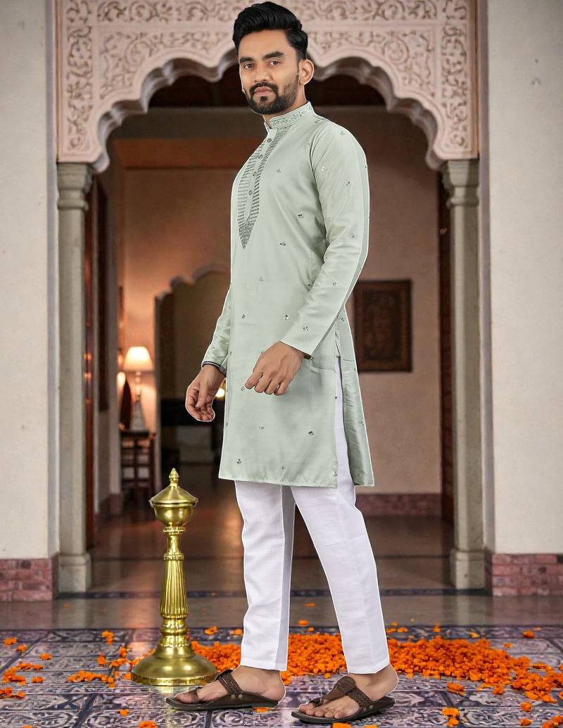  green  embroidery men's silk kurta 