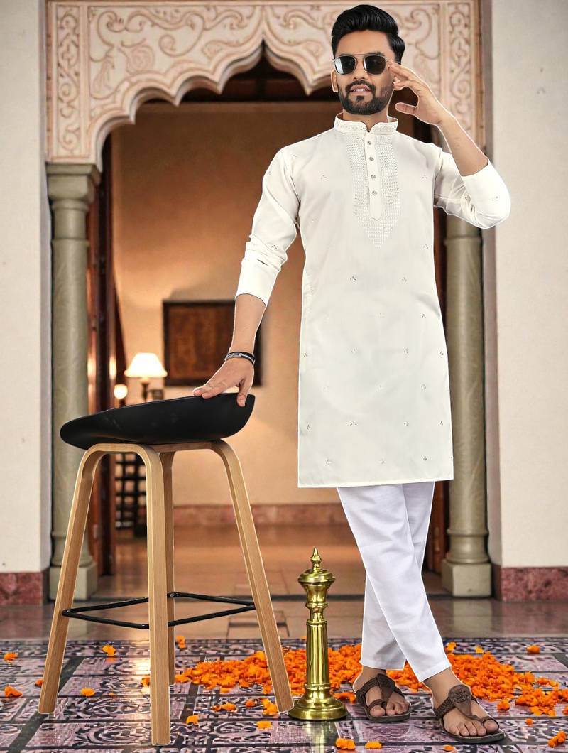 white embroidery men's silk kurta 