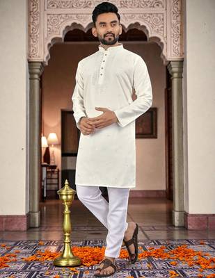 white embroidery men's silk kurta  3