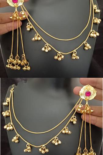 Ruby pink moissanite stones ghungroo earringswith kaan chain