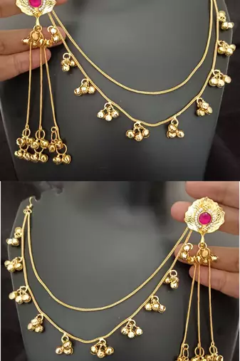 Ruby pink moissanite stones ghungroo earringswith kaan chain