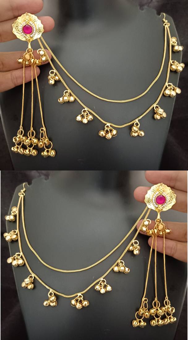 Ruby pink moissanite stones ghungroo earringswith kaan chain