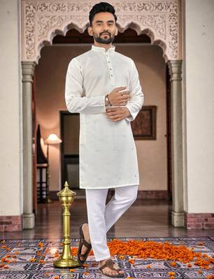 white embroidery men's silk kurta  5