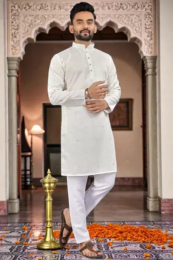 white embroidery men's silk kurta 