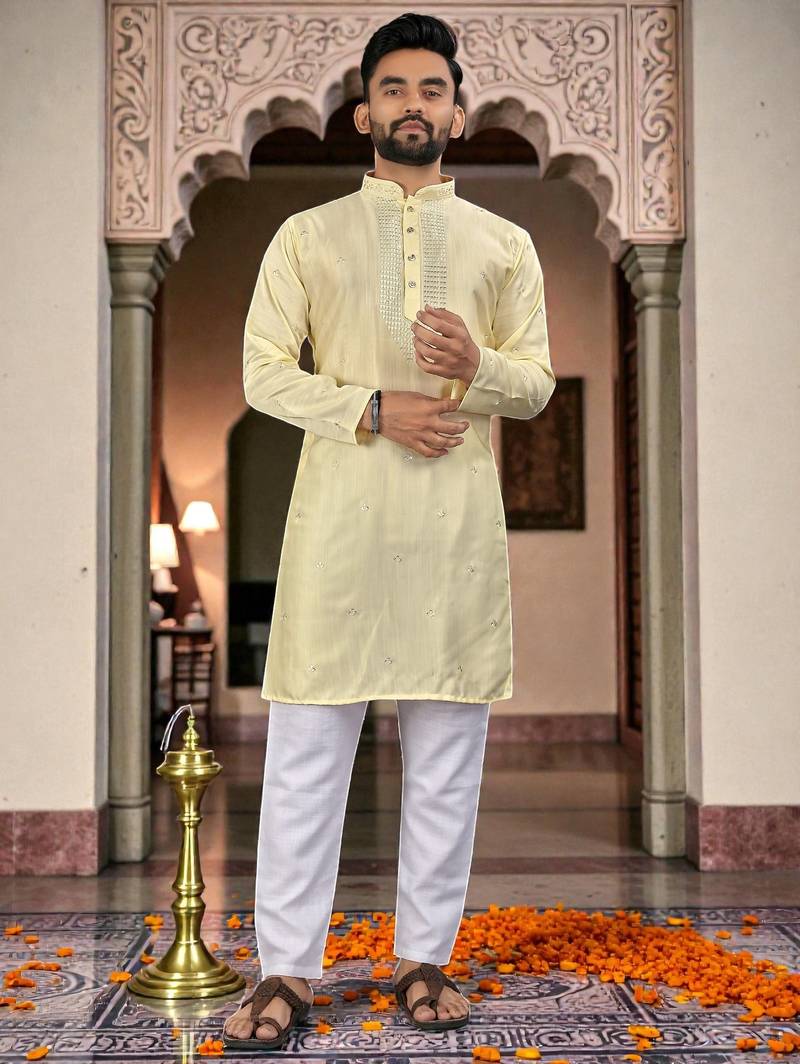  yelloww  embroidery men's silk kurta 