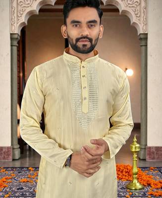  yelloww  embroidery men's silk kurta  2
