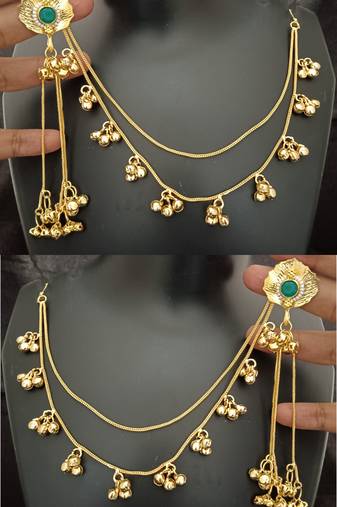 Emerald green moissanite stones ghungroo earringswith kaan chain