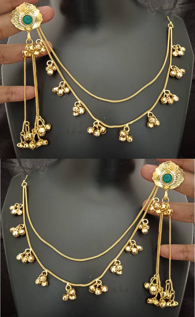 Emerald green moissanite stones ghungroo earringswith kaan chain
