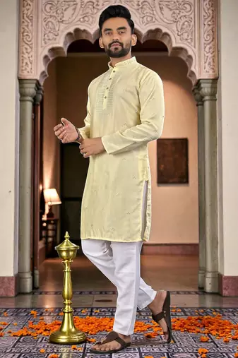  yelloww  embroidery men's silk kurta 
