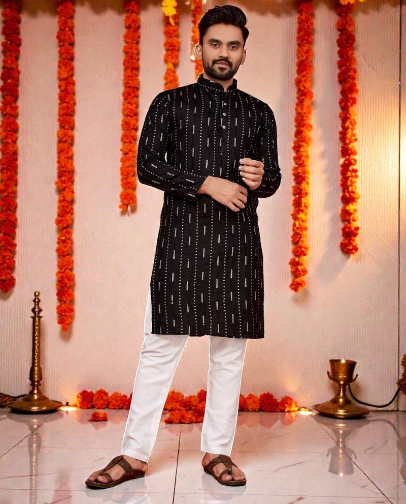  blackk  embroidery men's cotton blend kurta 