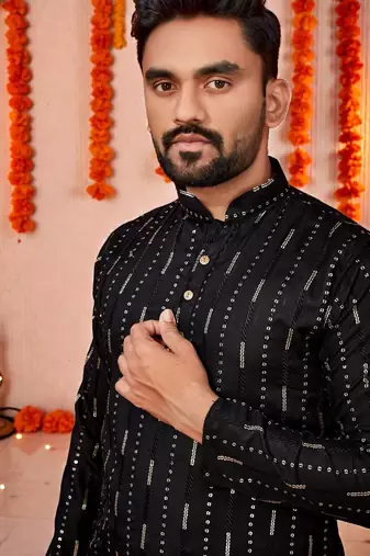  blackk  embroidery men's cotton blend kurta 