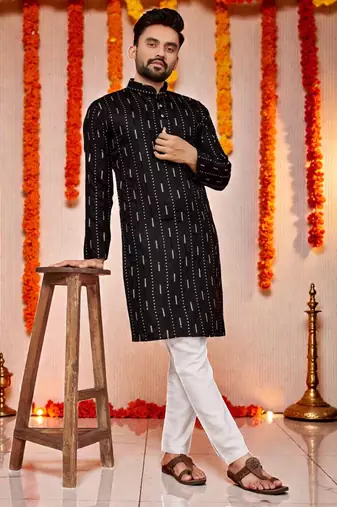  blackk  embroidery men's cotton blend kurta 