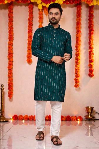  peach  embroidery men's cotton blend kurta 