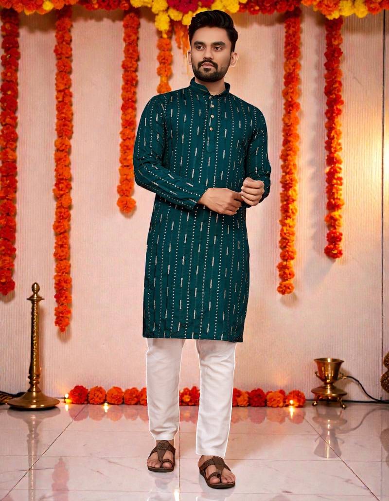  peach  embroidery men's cotton blend kurta 