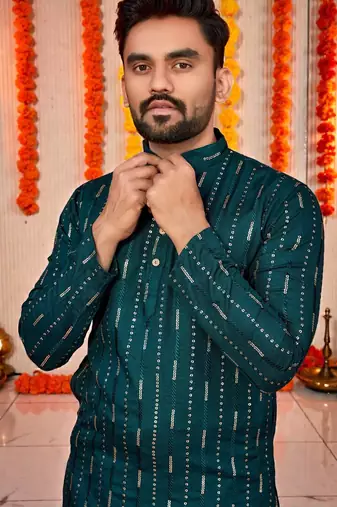  peach  embroidery men's cotton blend kurta 