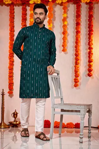  peach  embroidery men's cotton blend kurta 