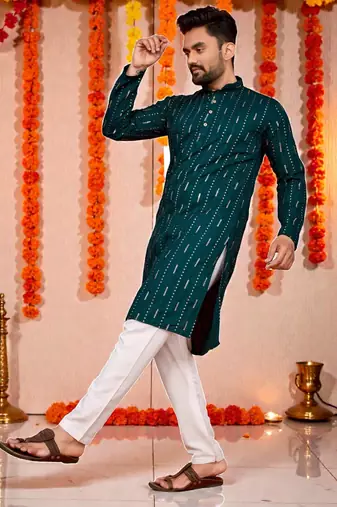  peach  embroidery men's cotton blend kurta 
