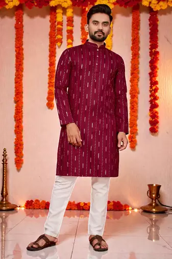  maroonn  embroidery men's cotton blend kurta 