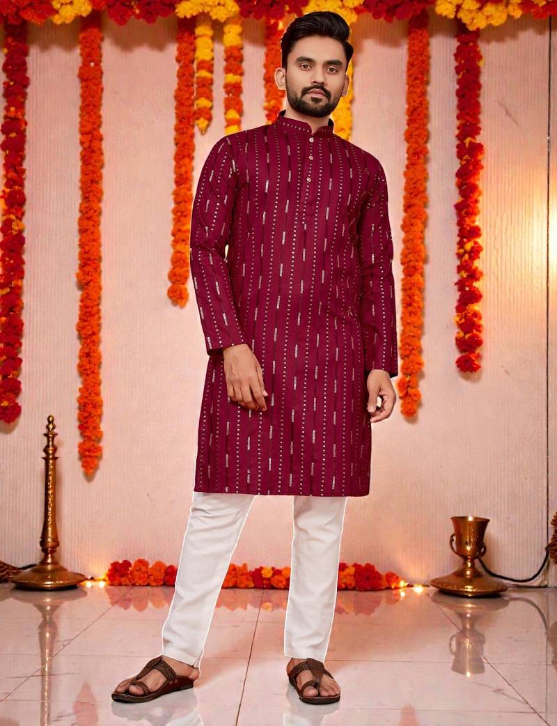  maroonn  embroidery men's cotton blend kurta 
