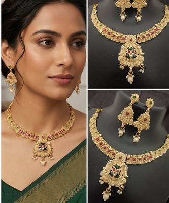 Pink green stones rajwadi heritage square shape jewellery set 4