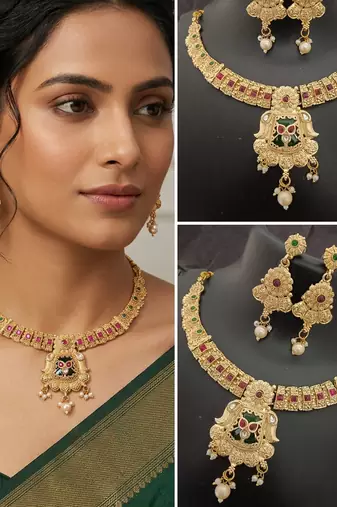 Pink green stones rajwadi heritage square shape jewellery set