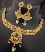 Pink green stones rajwadi heritage square drop jewellery set
