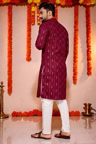  maroonn  embroidery men's cotton blend kurta 