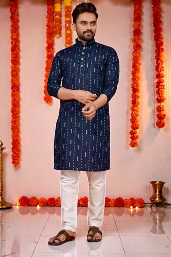  navy bluee  embroidery men's cotton blend kurta 