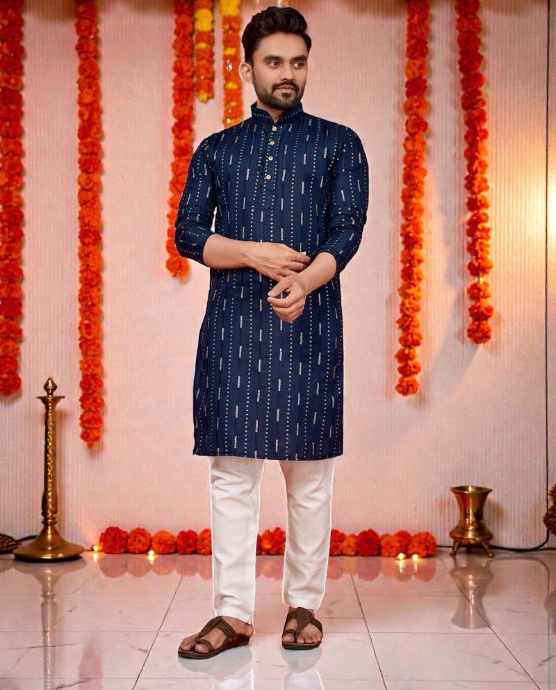  navy bluee  embroidery men's cotton blend kurta 