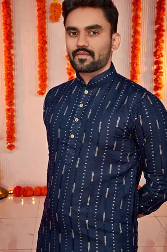  navy bluee  embroidery men's cotton blend kurta 