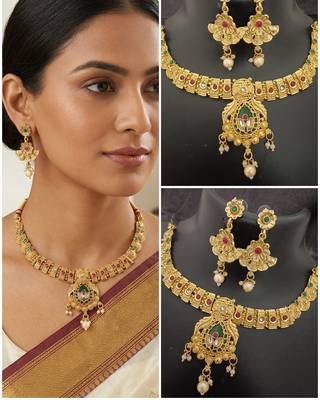 Pink green stones rajwadi heritage square drop jewellery set 3