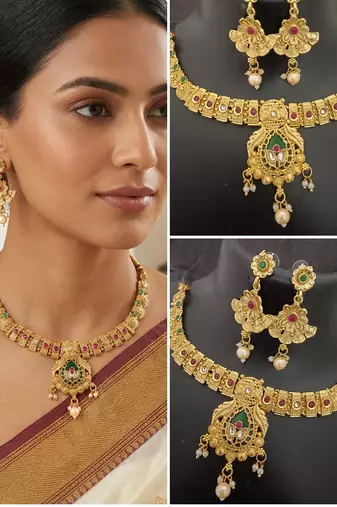 Pink green stones rajwadi heritage square drop jewellery set