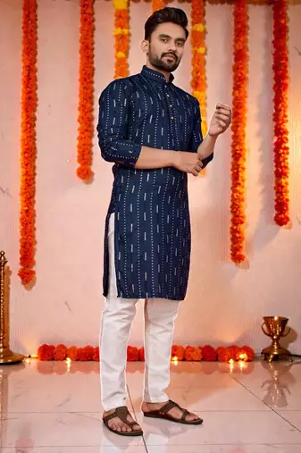  navy bluee  embroidery men's cotton blend kurta 