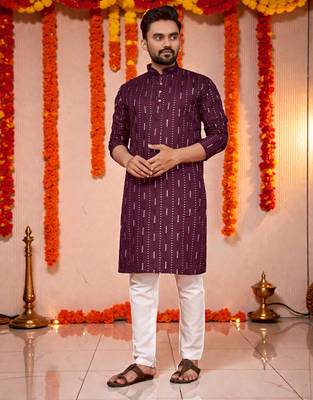 Purple embroidery men's cotton blend kurta  1