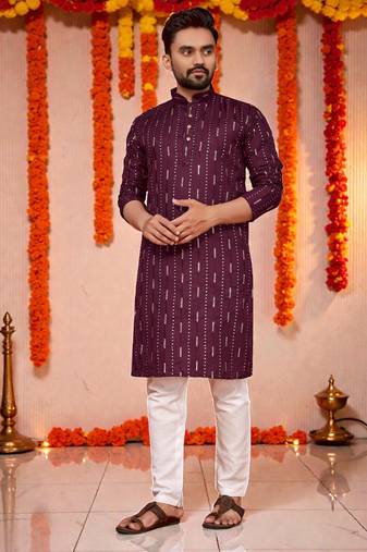 Purple embroidery men's cotton blend kurta 