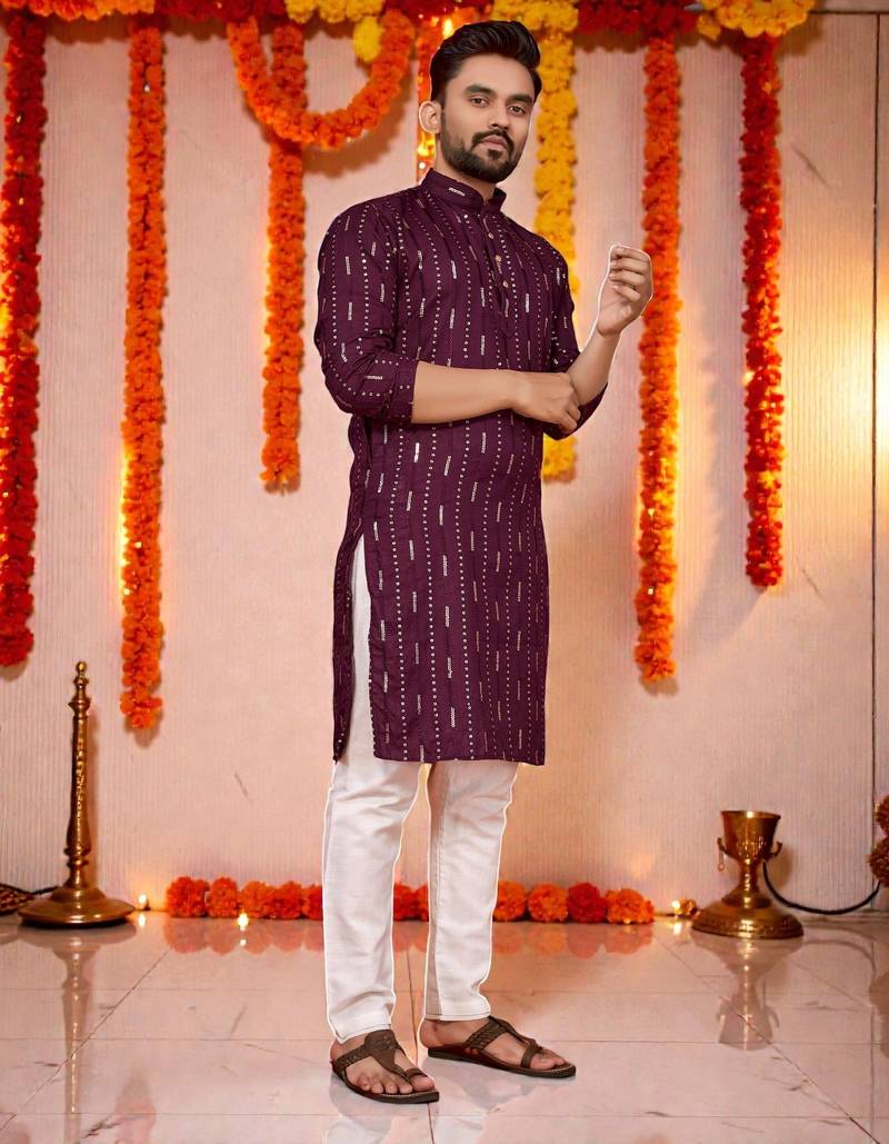Purple embroidery men's cotton blend kurta 
