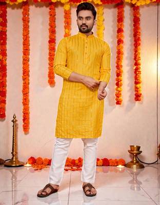  yelloww  embroidery men's cotton blend kurta  1