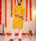  yelloww  embroidery men's cotton blend kurta 