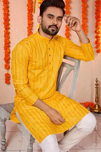 yelloww  embroidery men's cotton blend kurta 
