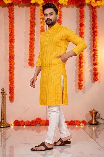  yelloww  embroidery men's cotton blend kurta 