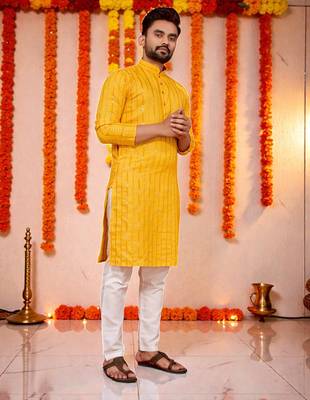  yelloww  embroidery men's cotton blend kurta  4