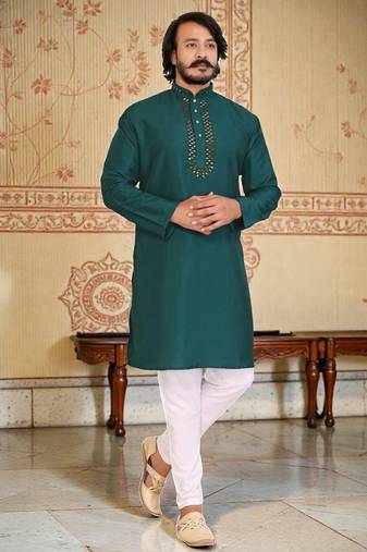 green  mirror work  men's silk kurta 