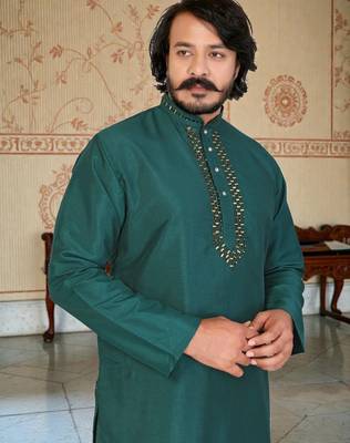 green  mirror work  men's silk kurta  2