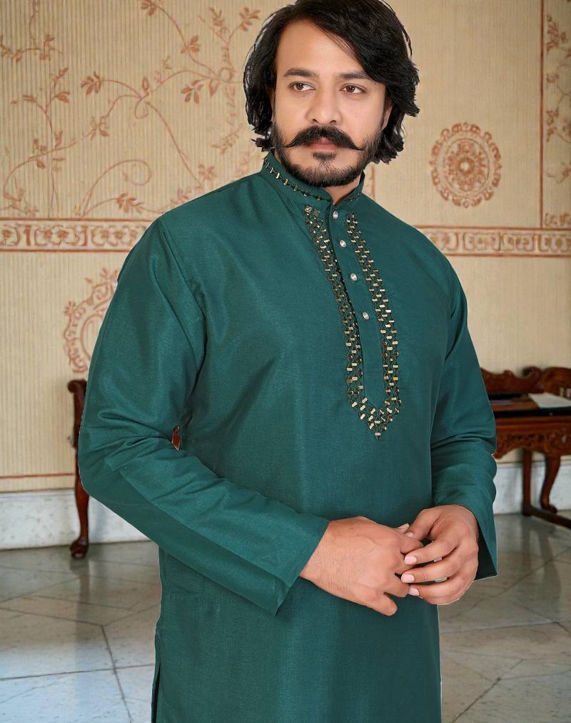 green  mirror work  men's silk kurta 