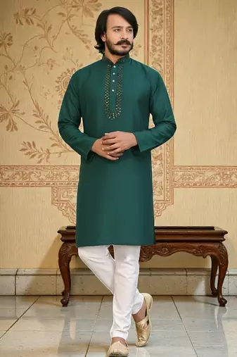 green  mirror work  men's silk kurta 