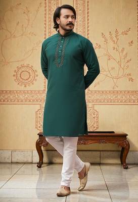 green  mirror work  men's silk kurta  4
