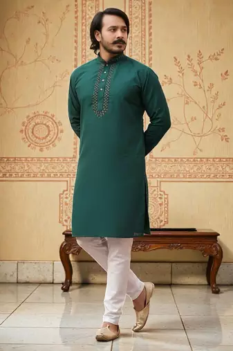 green  mirror work  men's silk kurta 