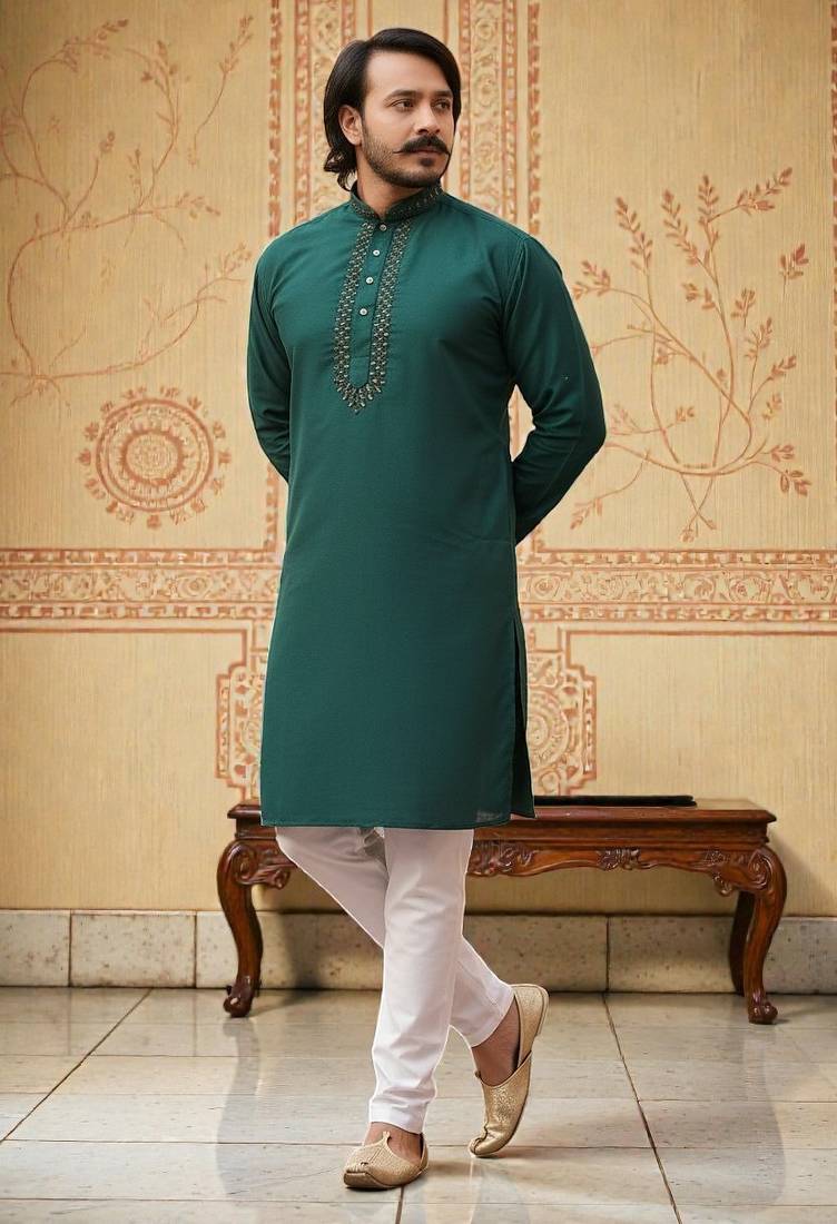 green  mirror work  men's silk kurta 