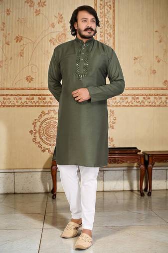 mahendi  mirror work  men's silk kurta 