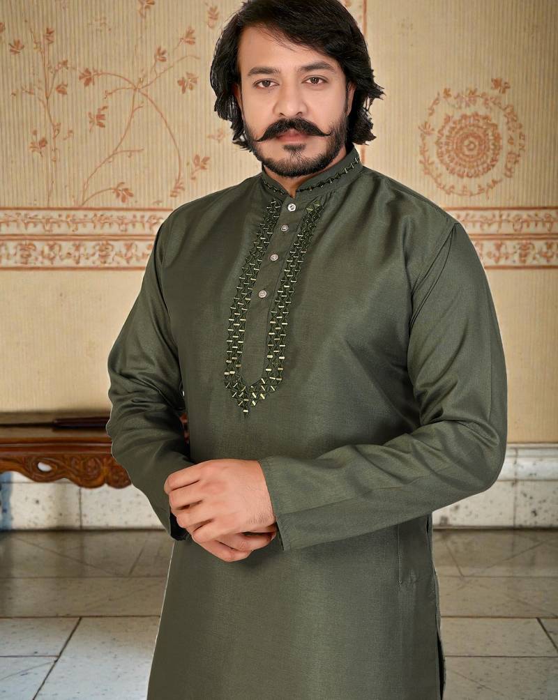 mahendi  mirror work  men's silk kurta 